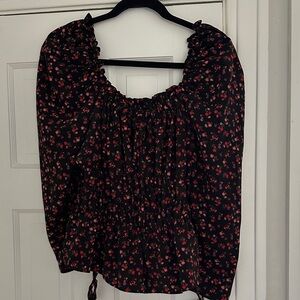 Topshop Black Floral Smocked Peasant Blouse with Red Pink Blooms